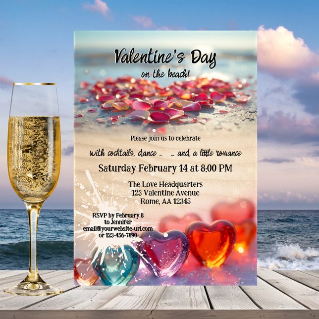 Valentine's Day Beach Party Invitation (Valentine's Day party invitation featuring flower petals and hearts on the beach)