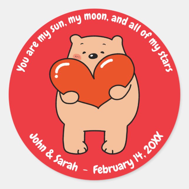 Valentine's Day Bear Heart Classic Round Sticker (Front)