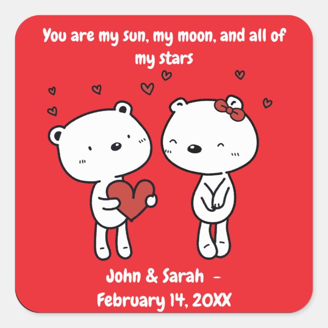 Valentine's Day Bear Heart Square Sticker (Front)