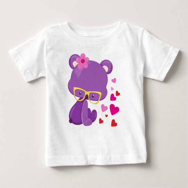 Valentine's Day Bear, Purple Bear, Glasses, Hearts Baby T-Shirt (Front)