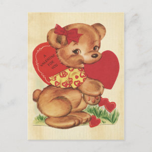 Valentine's Day Bear Read Heart Retro Kids Sweet Holiday Postcard