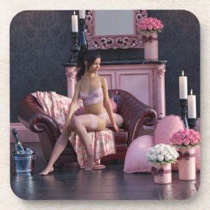 Valentine's Day Beauty in Lingerie on the Couch Coaster