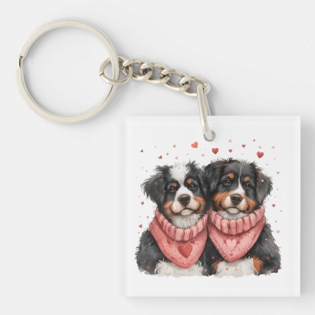 Valentines Day Bernese Mountain Dogs Key Ring (Front)
