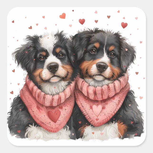 Valentines Day Bernese Mountain Dogs Square Sticker (Front)