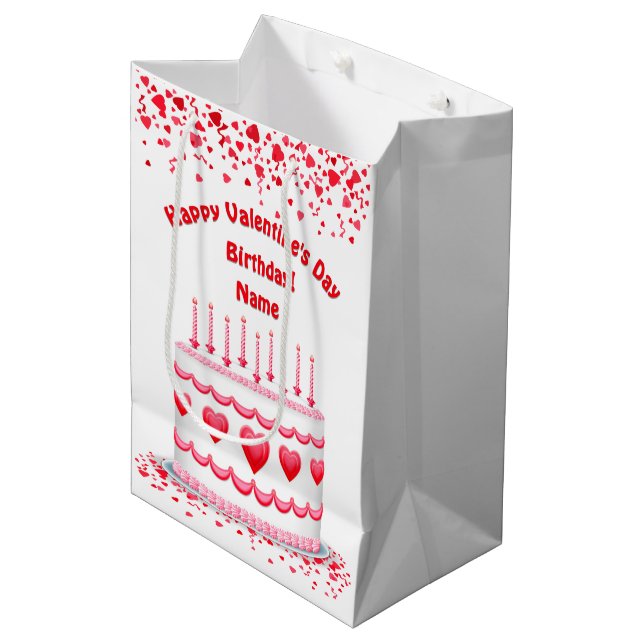 Valentine's Day Birthday Cake Customizable Candles Medium Gift Bag (Front Angled)