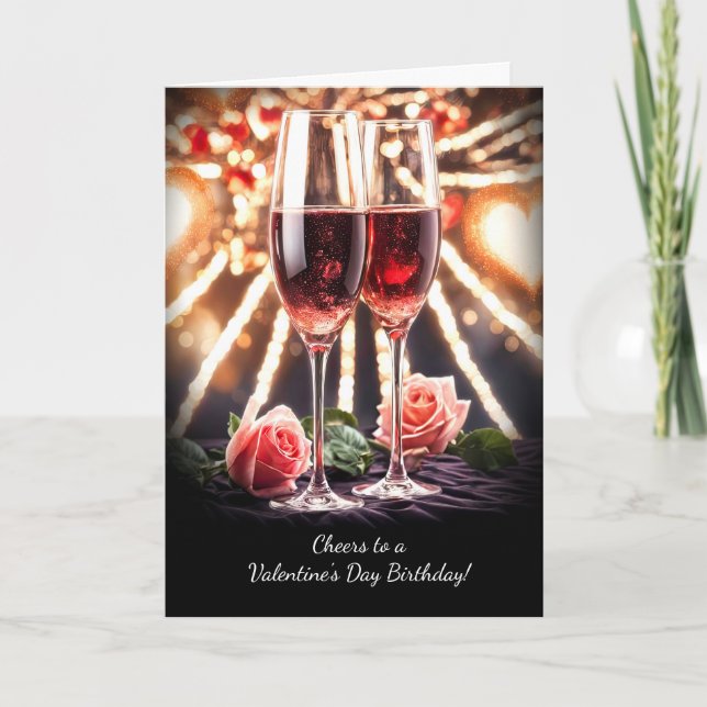 Valentines Day Birthday Cheers Champagne and Roses Card (Front)