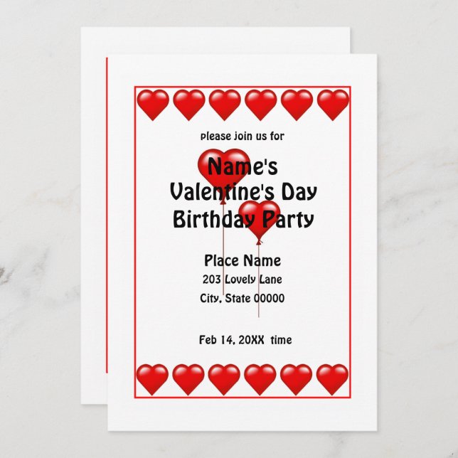 Valentine's Day Birthday Hearts Party Invitation N (Front/Back)
