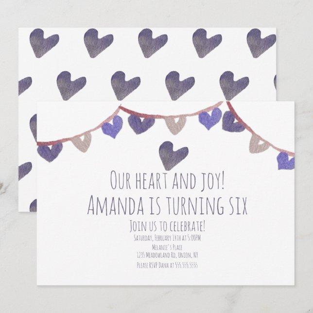 Valentines Day Birthday Party Hearts Watercolor Invitation (Front/Back)