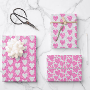 Valentine's Day Birthday Pink White Glitter Hearts Wrapping Paper Sheet