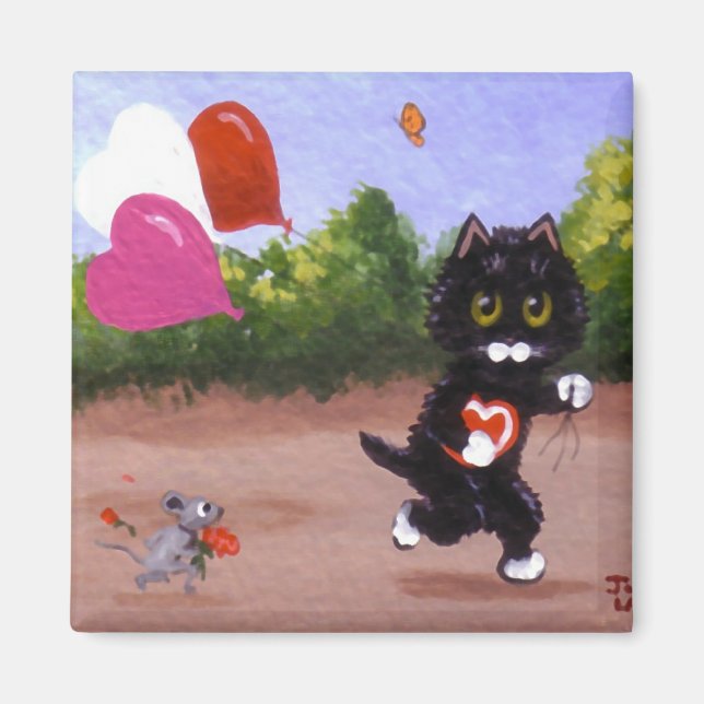Valentine's Day Black Cat Mouse Creationarts Magnet (Front)