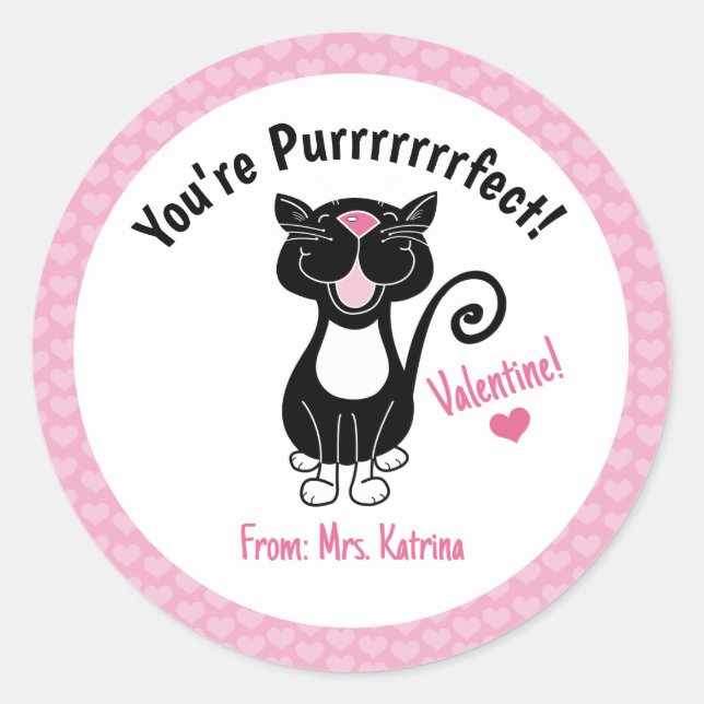 Valentine's Day Black Cat You're Purrfect Cute Classic Round Sticker (Front)