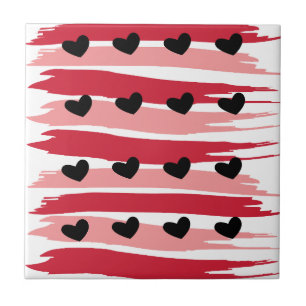 Valentines Day Black Hearts Red Pink Stripes Tile