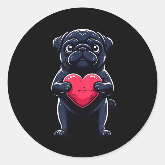 Valentines Day Black Pug Heart Funny Dog Mom Dad F Classic Round Sticker (Front)