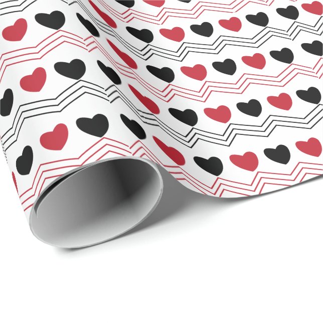 Valentines Day Black Red Heart Chevron Stripe  Wrapping Paper (Roll Corner)