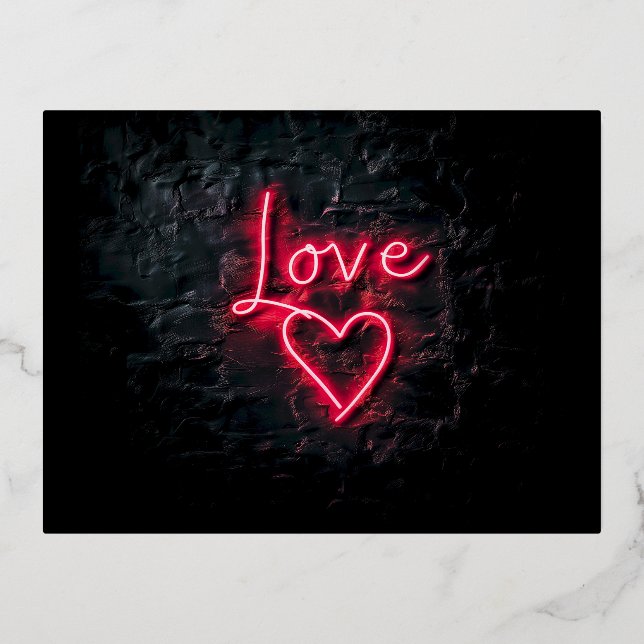 Valentine's Day Black Wall and Love Neon Heart Foil Holiday Postcard (Front)