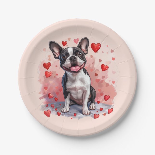 Valentines Day Boston Terrier Dog Paper Plate (Front)