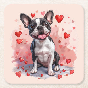 Valentines Day Boston Terrier Dog Square Paper Coaster