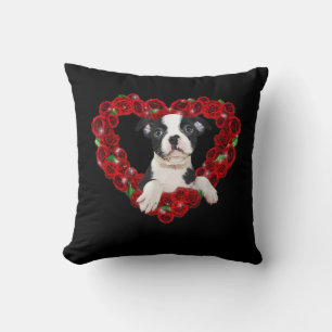 Valentines Day Boston Terrier Heart Roses Gift Dog Cushion