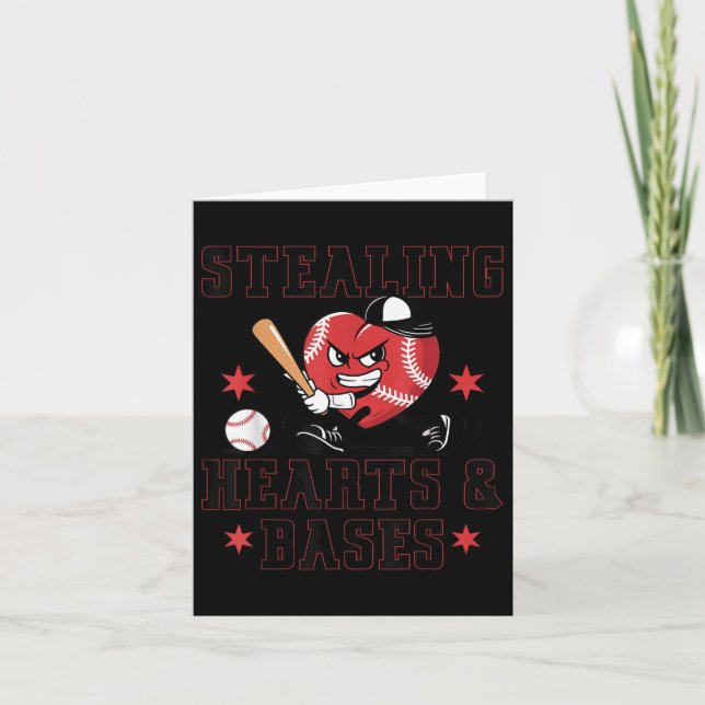 Valentines Day Boys Baseball Player Stealing Heart Card (Front)