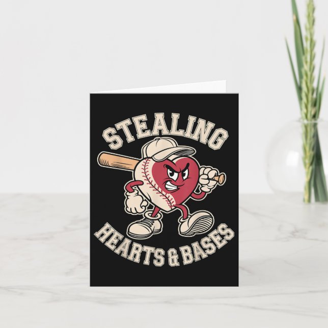 Valentines Day Boys Baseball Player Stealing Heart Card (Front)
