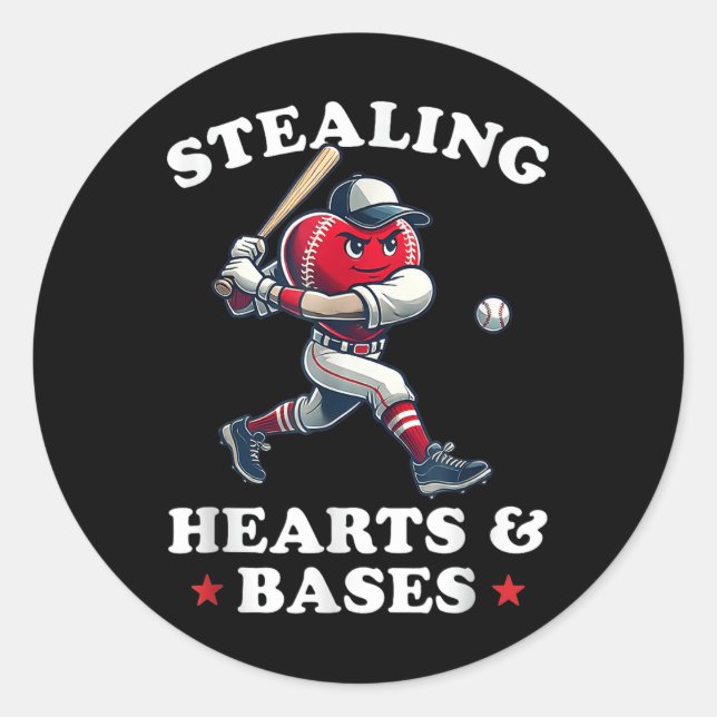 Valentines Day Boys Baseball Player Stealing Heart Classic Round Sticker (Front)