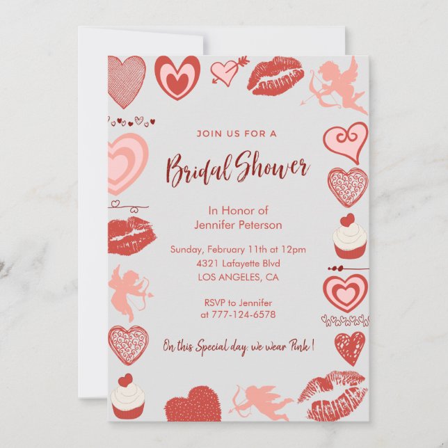 Valentines day bridal shower Modern Grey Red Invitation (Front)