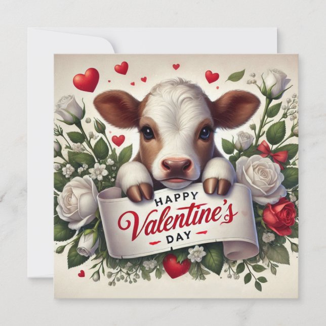 Valentine's Day Calf with Floral Arrangement  Holiday Card (Front)
