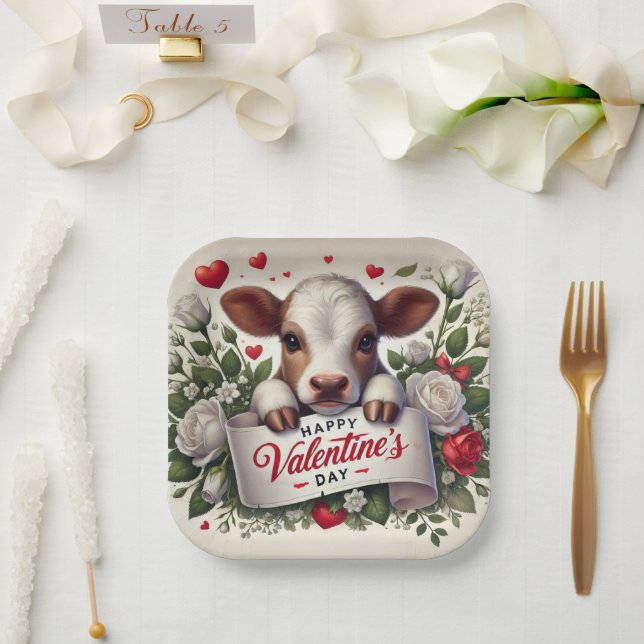 Valentine's Day Calf with Floral Arrangement Paper Plate (Wedding)