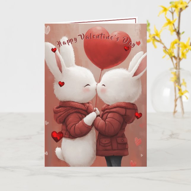 Valentine's Day Card Bunnies Red Hearts  (Yellow Flower)