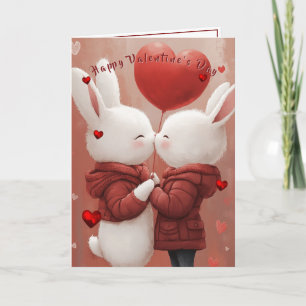 Valentine's Day Card Kissing Bunnies Red Hearts