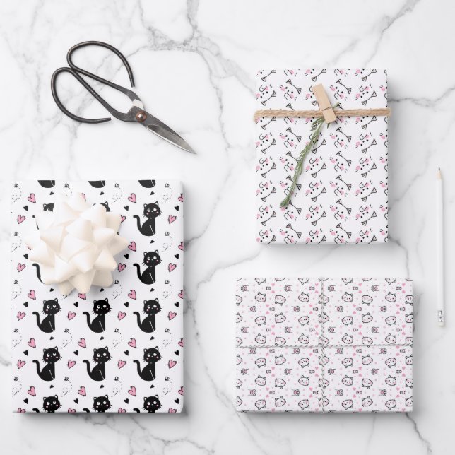 Valentine's Day Cat Love Wrapping Paper Set (Front)