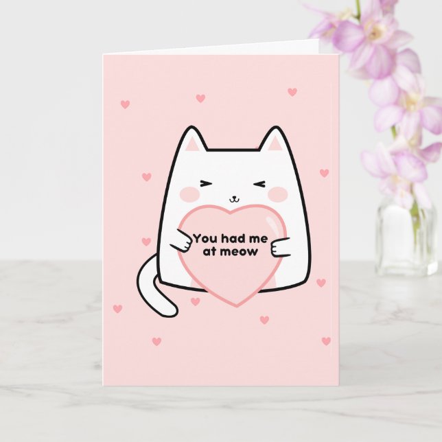 Valentines day cat pink hearts you had me at meow card (Orchid)