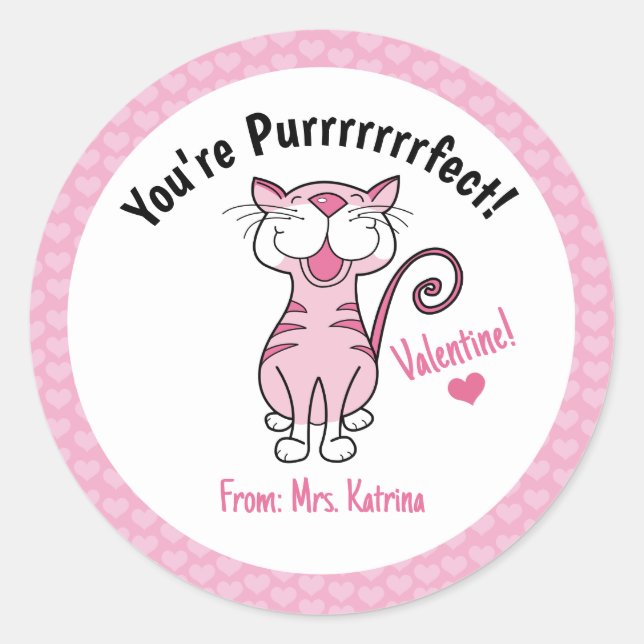 Valentine's Day Cat You're Purrrfect Kids Teacher  Classic Round Sticker (Front)