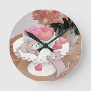 Valentine's Day: Cats, Heart Cookies & Flowers Round Clock