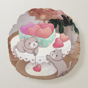 Valentine's Day: Cats, Heart Cookies & Flowers Round Cushion