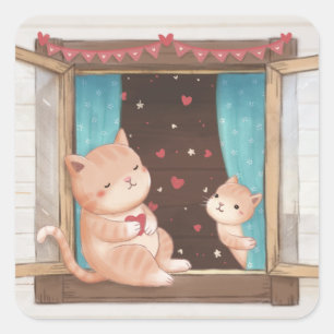 Valentine's Day: Cats & Hearts Illustration Square Sticker