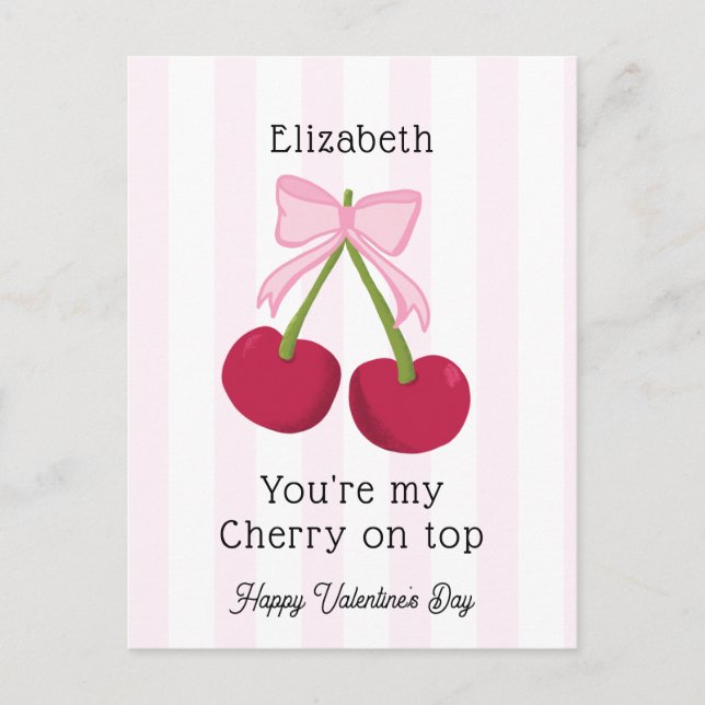 Valentine's Day Cherry on Top Coquette Stripes Postcard (Front)