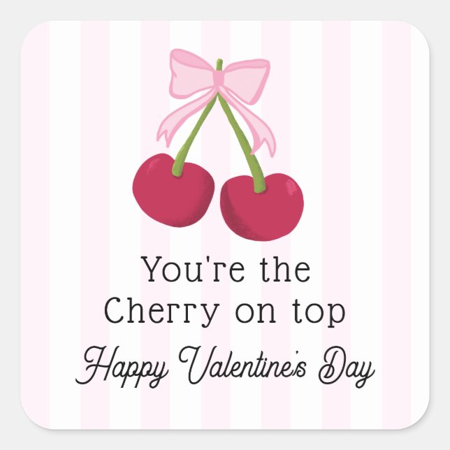 Valentine's Day Cherry on Top Coquette Stripes Square Sticker (Front)