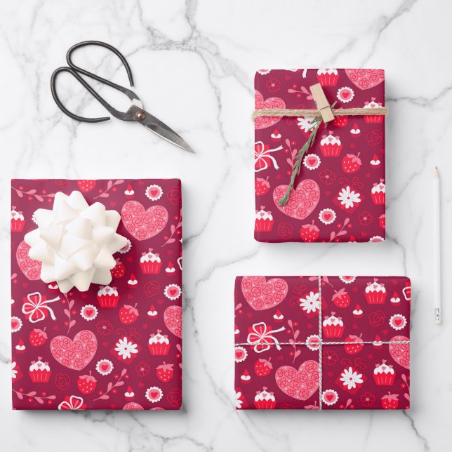 Valentine's Day Chocolate Cupcakes Strawberries Wrapping Paper Sheet (Front)