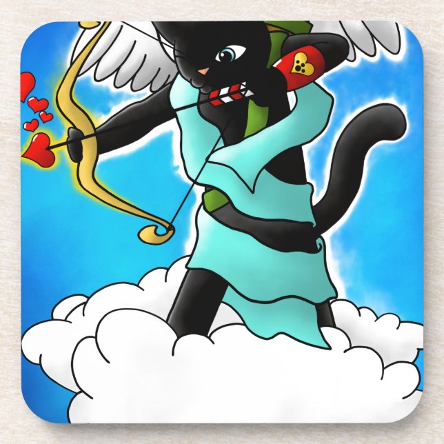 Valentine's Day Coal Black Cupid Cat+BGC Coaster (Front)