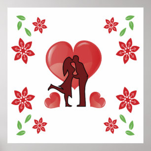 Valentine's Day couple kissing with hearts Poster
