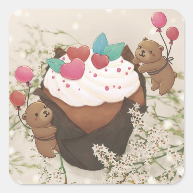 Valentine's Day: Cupcake & Teddy Bears Square Sticker (Front)