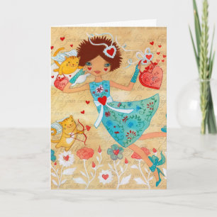 Valentine's Day Cupid Cats with Hearts and Flowers Holiday Card