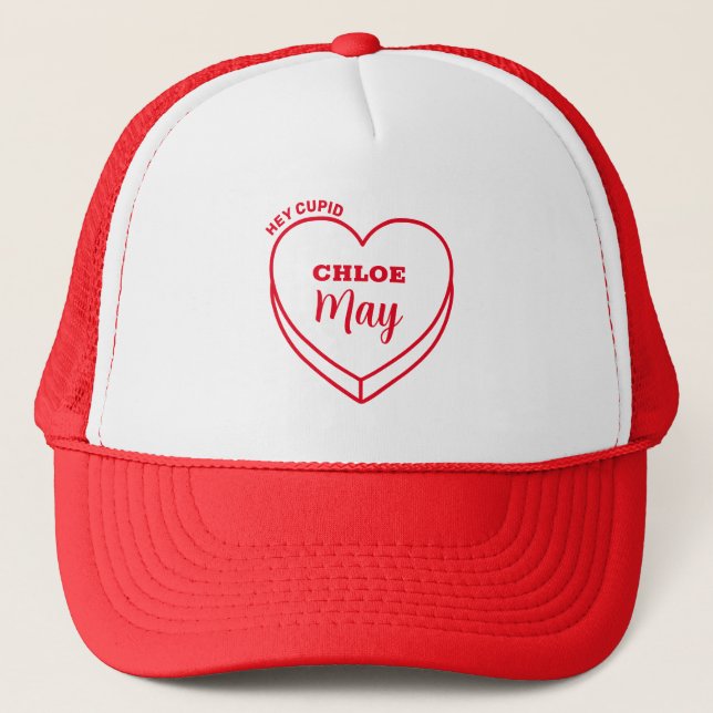 Valentines Day Cupid Heart Custom Name Trucker Hat (Front)
