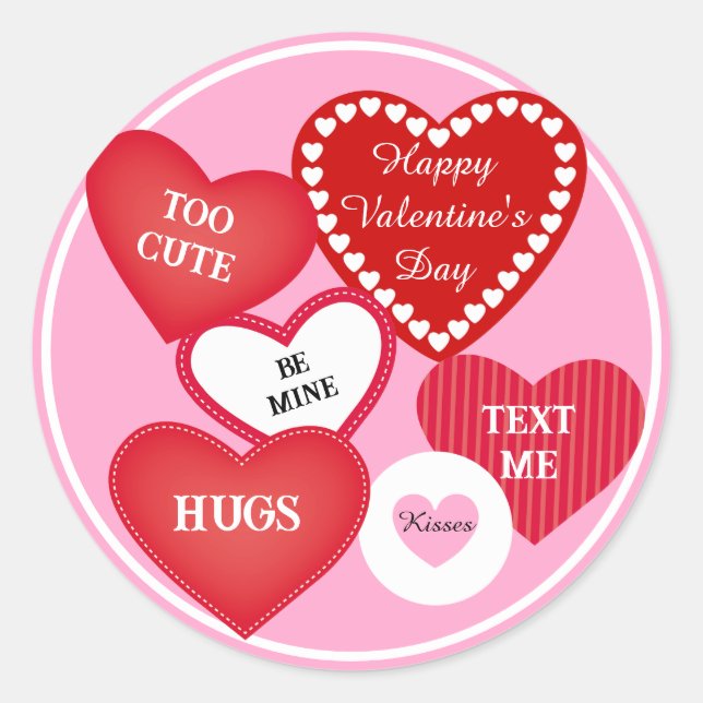 Valentine's Day Custom Text Red Heats Personalise Classic Round Sticker (Front)