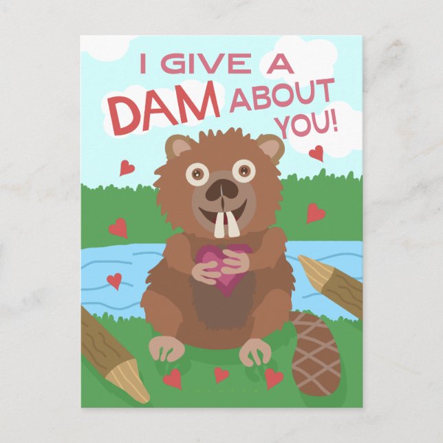 Valentine's Day Cute Beaver Give a Dam Pun Funny Postcard (Front)