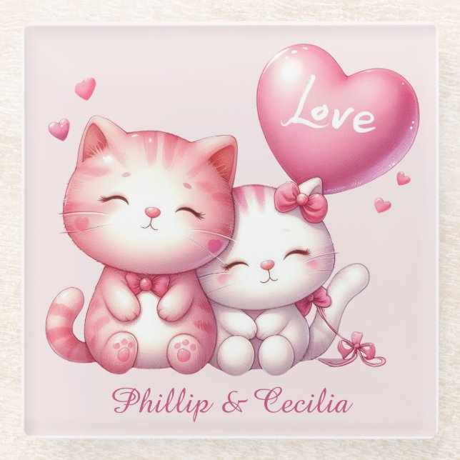 Valentines Day Cute Couple of Kitty Cat Love Glass Coaster (Front)