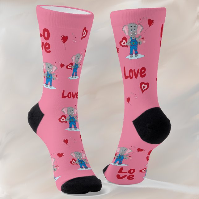 Valentine's Day Cute Elephant Pink Red Crew Socks (Creator Uploaded)