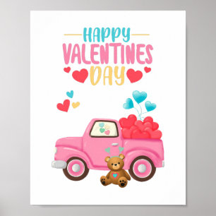 Valentine's Day Cute Hearts Pink Truck Teddy Bear Poster