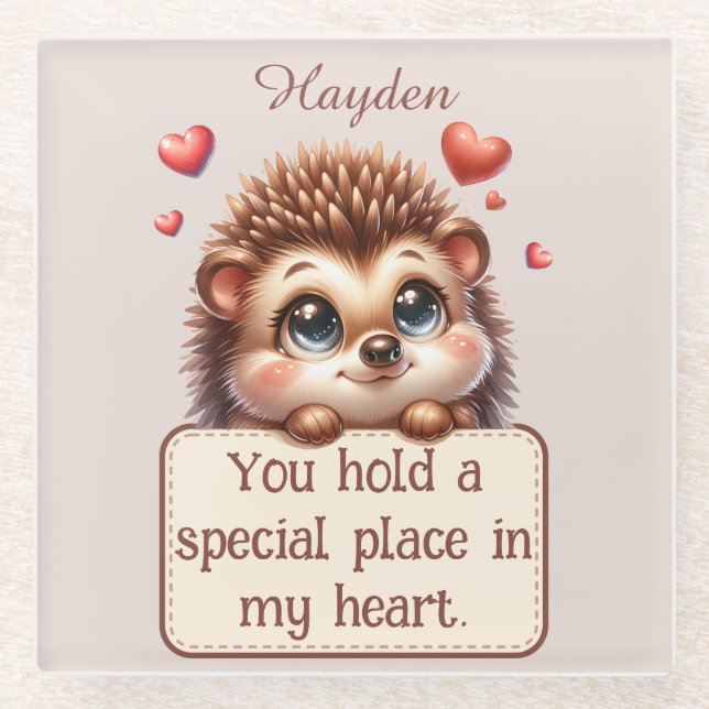 Valentines Day Cute Hedgehog Love Message Glass Coaster (Front)